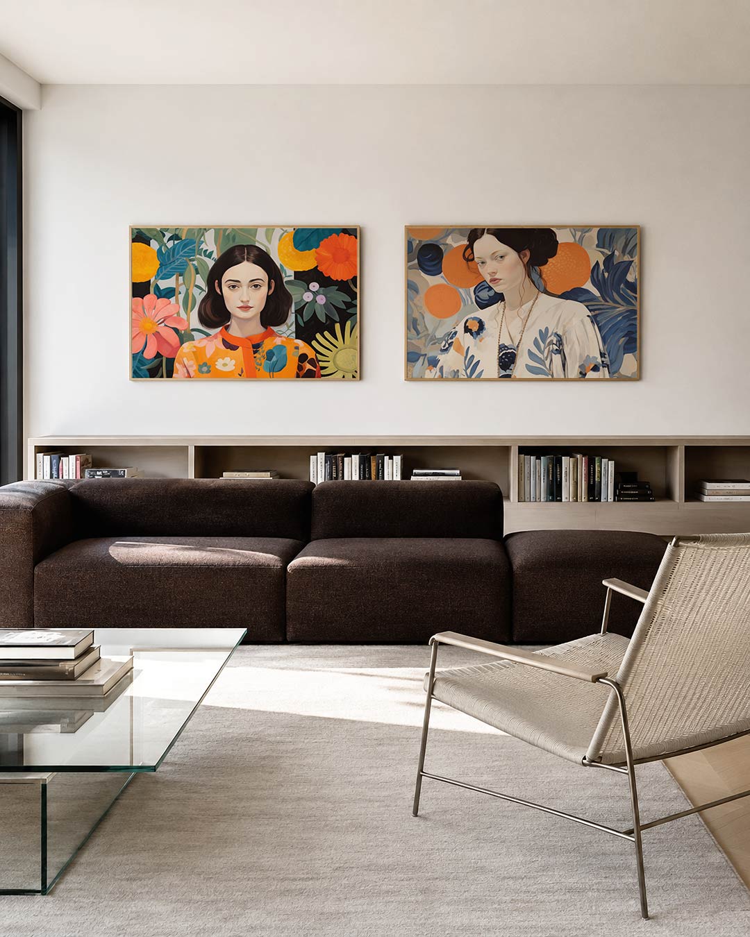 Tweedelige posterset met een vrouw omringd door kleurrijke bloemen en bladeren, getoond in een interieur
