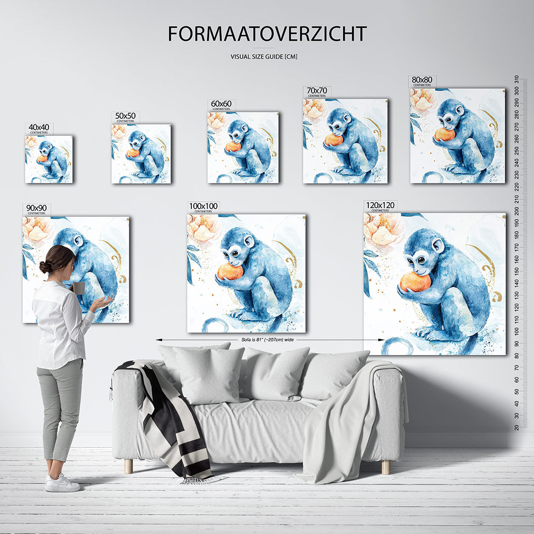 Speelse blauwe aap Kunstwerk