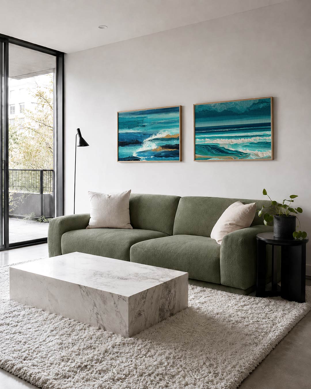 Interieurbeeld met twee liggende posters: blauwe en turquoise golven met gouden accenten