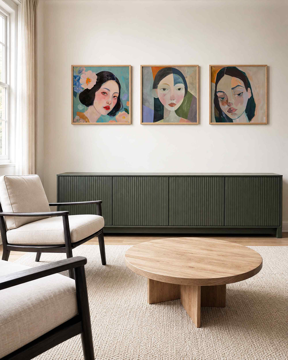 Interieurpresentatie van een driedelige vierkante posterset met vrouwengezichten kunst