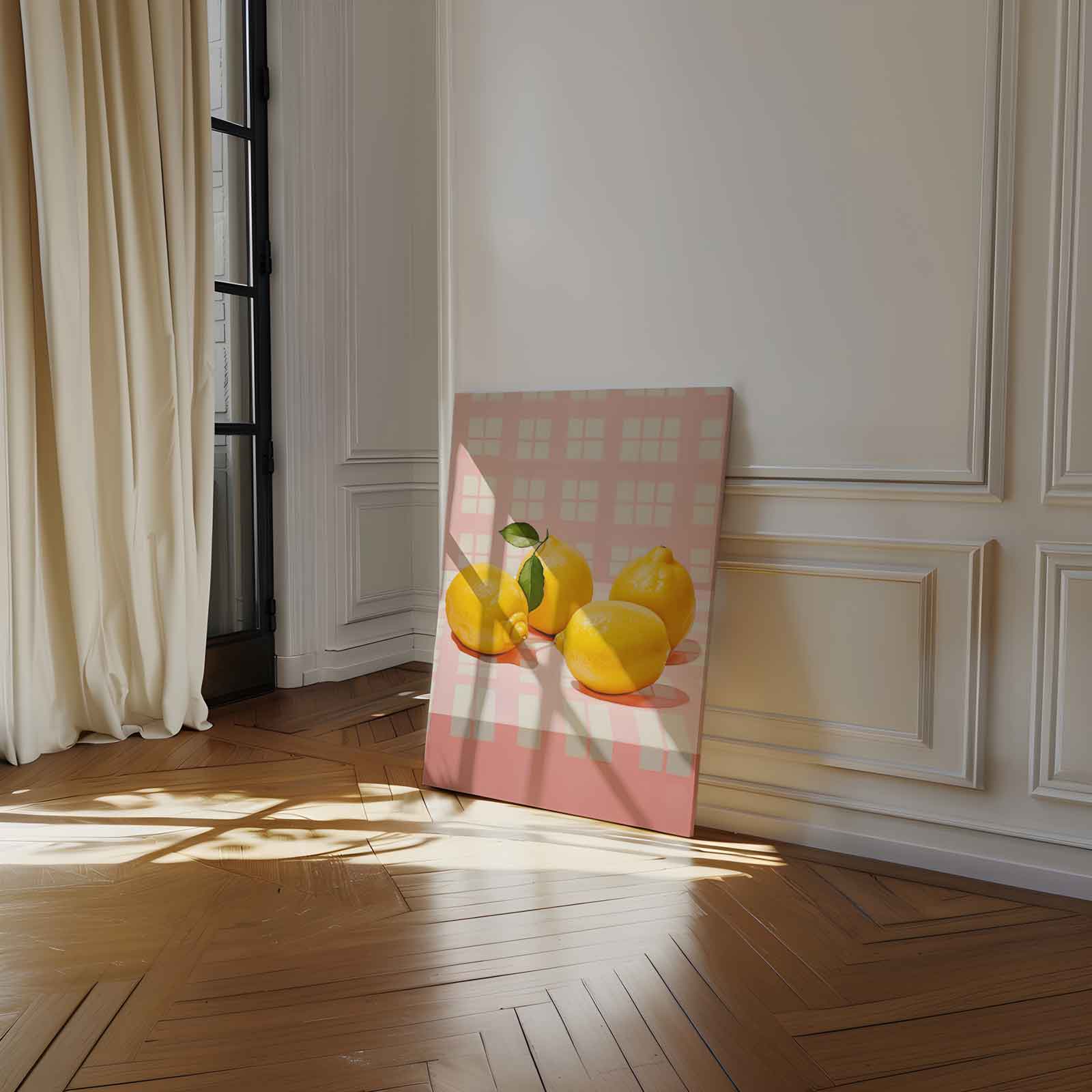 Sprankelende Citroenen op Roze Kunstwerk-canvas-dibond-plexiglas-wanddecoratie-WallArtistic