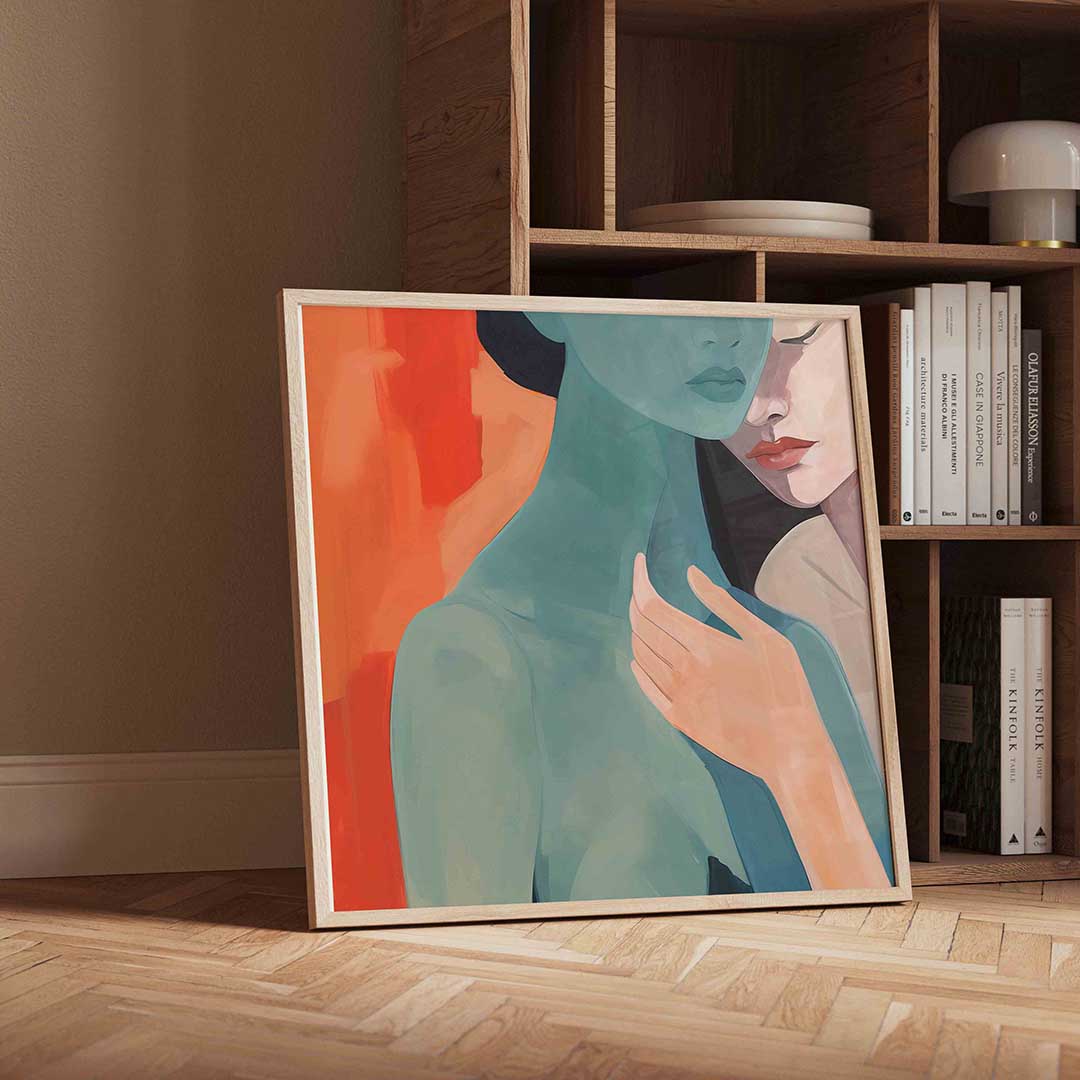 Twee figuren met oranje achtergrond Poster