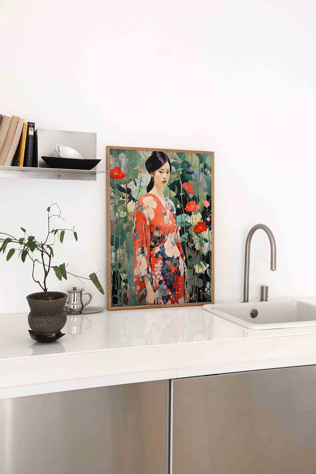 Vrouw in kimono met bloemen Poster