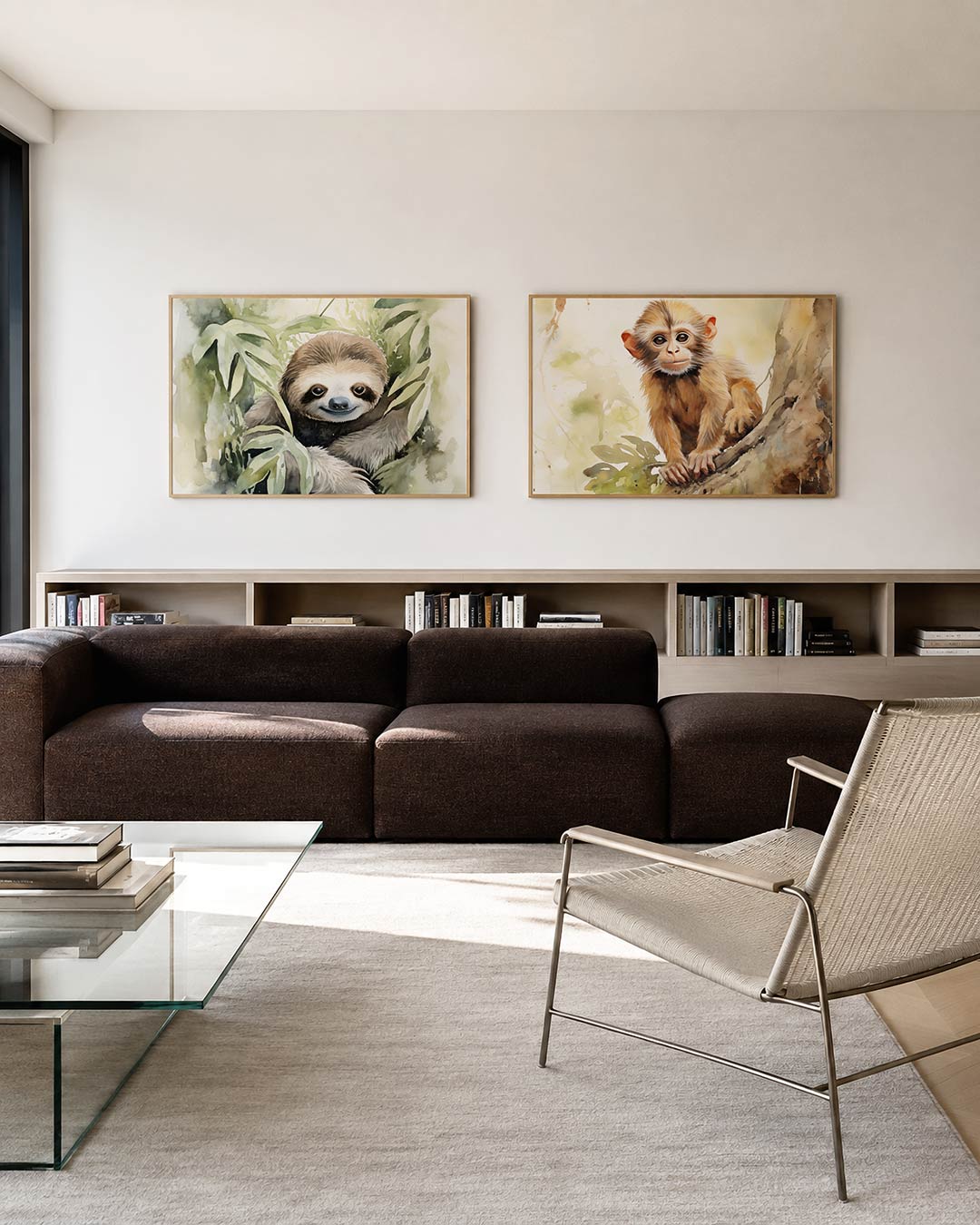 Twee liggende posters met een speelse compositie van zachte groene en bruine tinten, aan de muur in een interieur