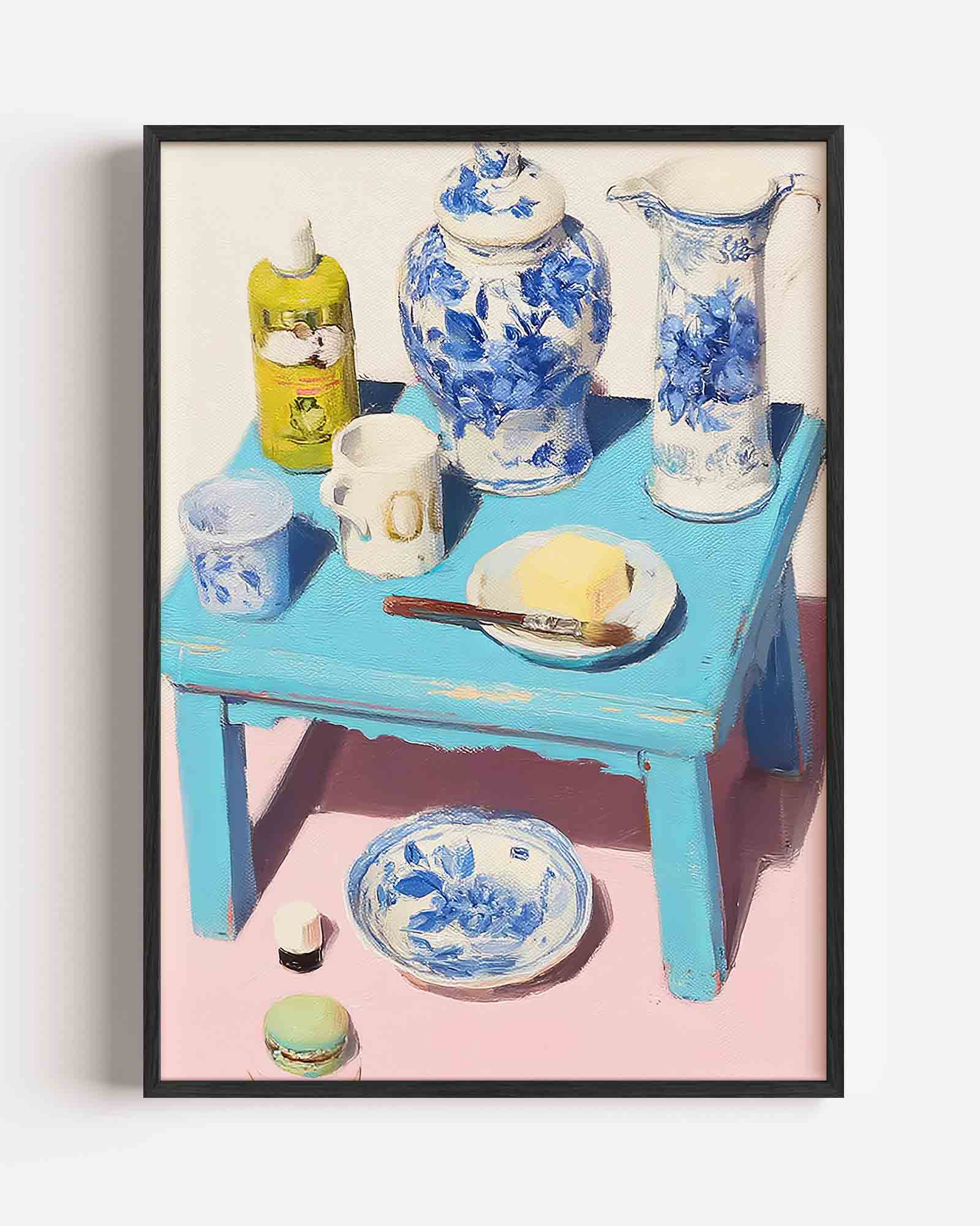 Blauw witte servies op blauwe tafel Poster