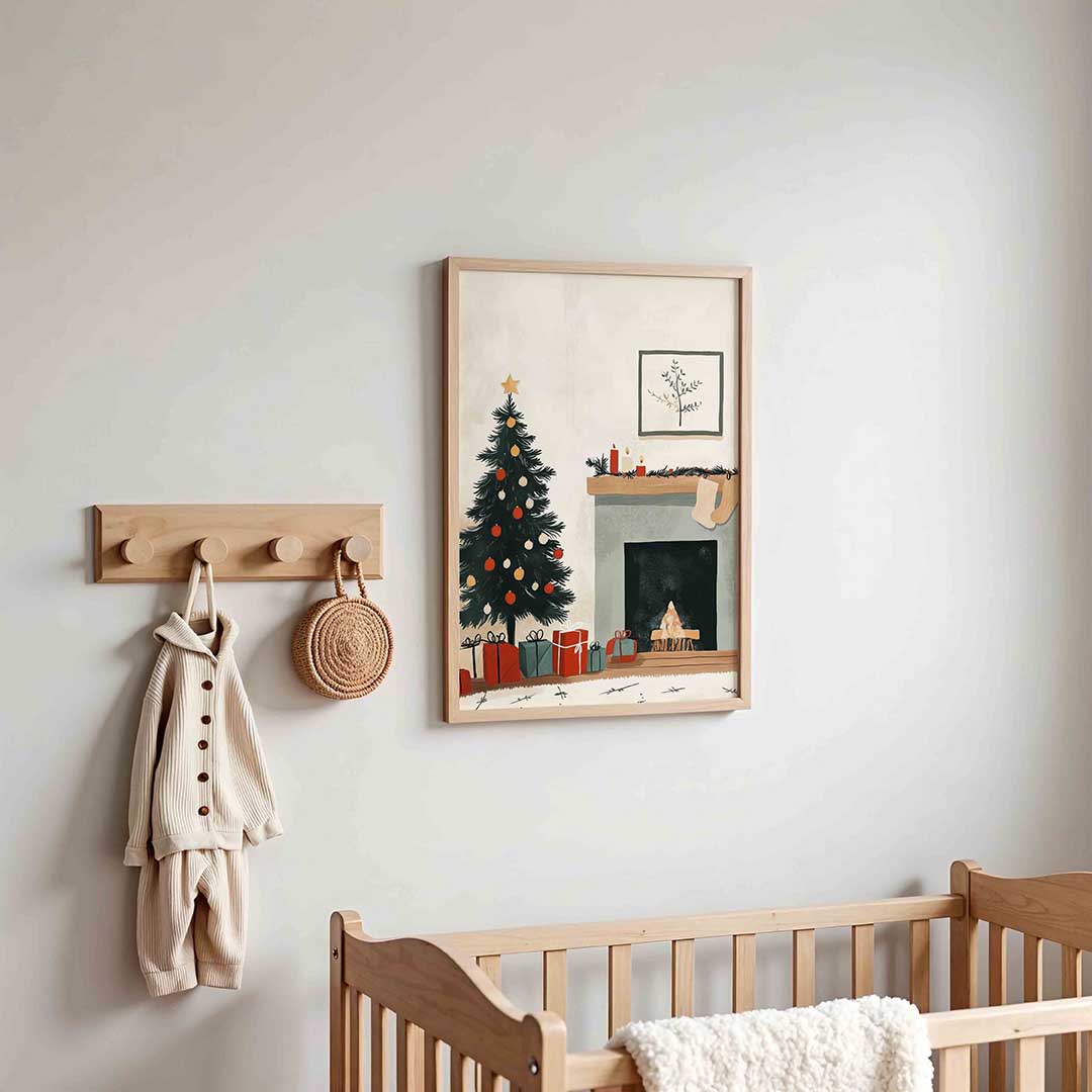 Kerstboom en open haard Poster