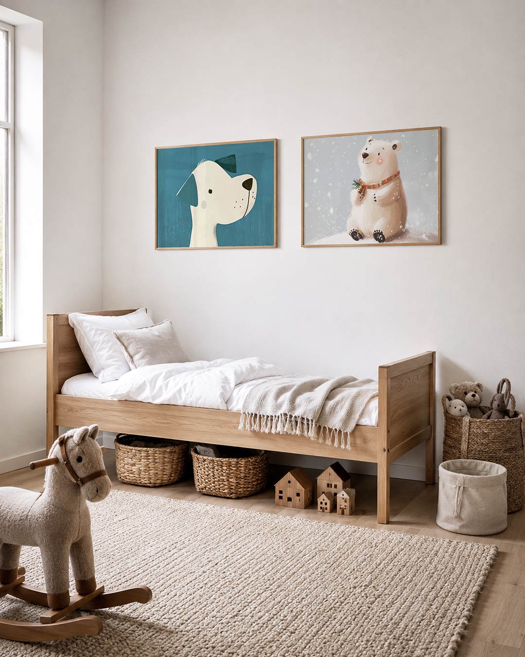 Tweedelige posterset met een speelse compositie met een hond in profiel, getoond in een interieur