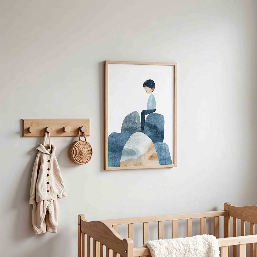 Zittende figuur op rotsen Poster