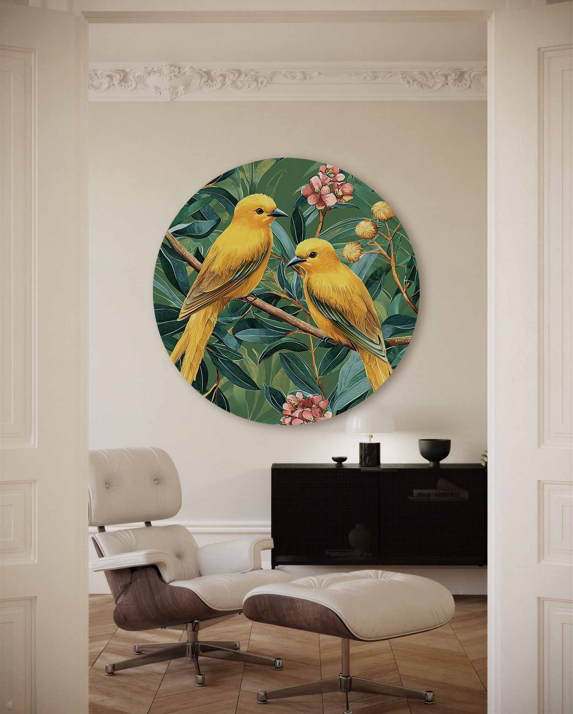 Gele vogels en bloemen Muurcirkel