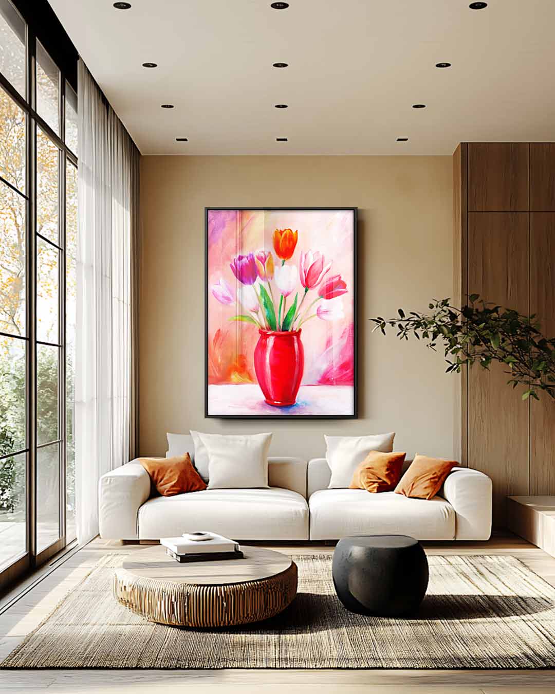 Vrolijke Tulpen in Rode Vaas Kunstwerk-canvas-dibond-plexiglas-wanddecoratie-WallArtistic