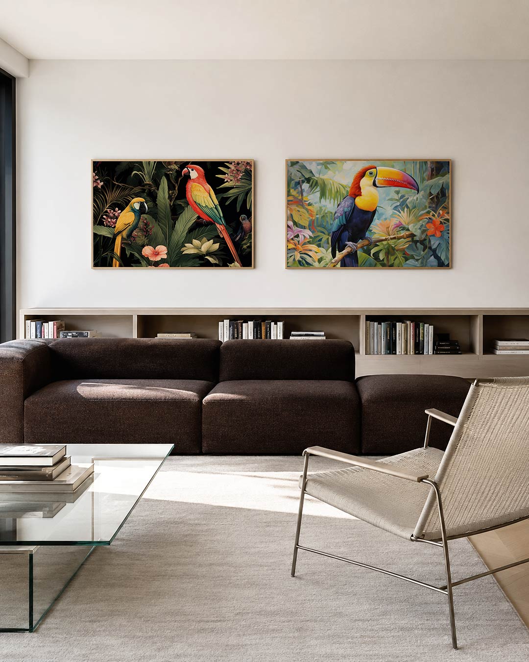 Twee liggende posters met twee kleurrijke vogels tussen groene bladeren en roze bloemen, aan de muur in een interieur