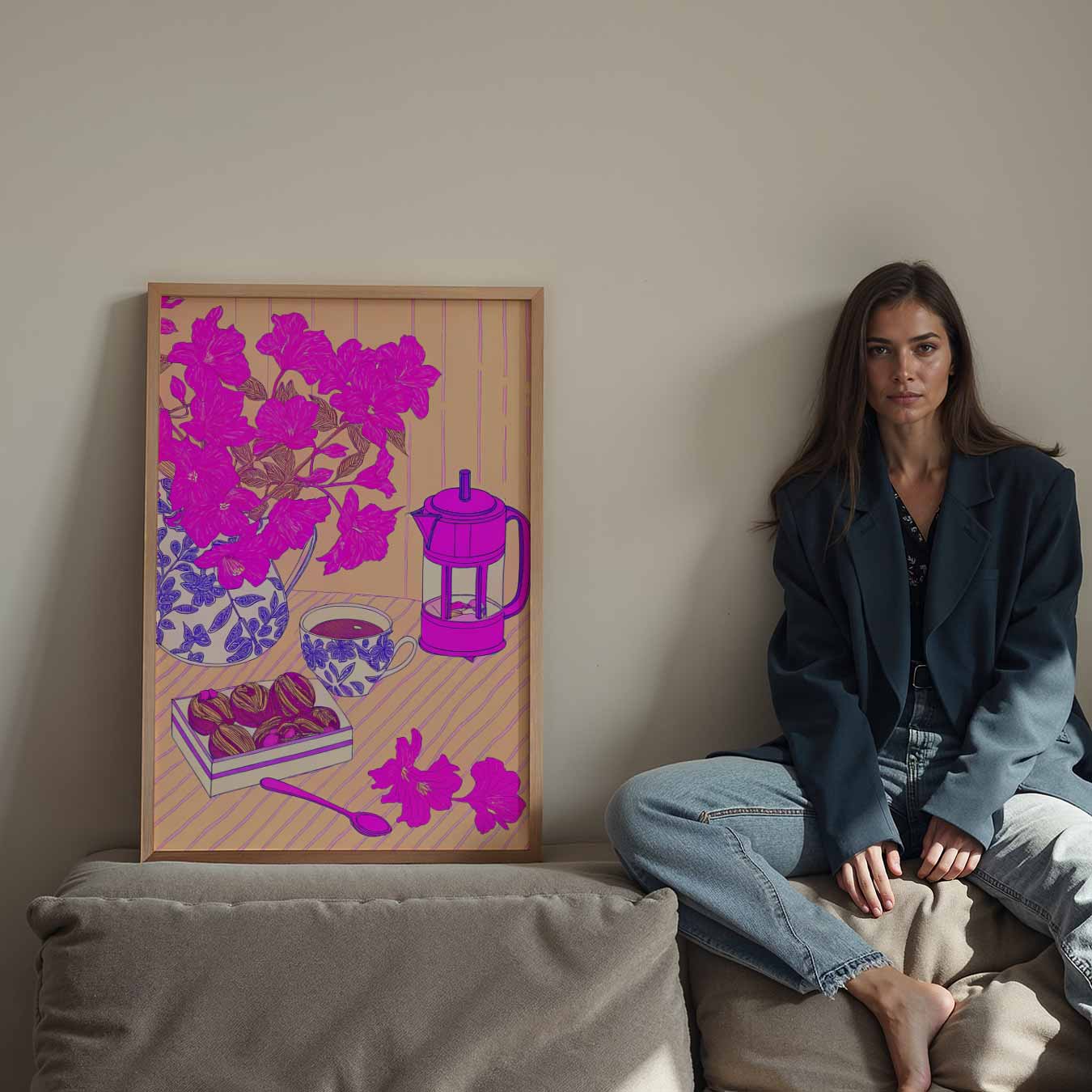 Roze Bloemen en Koffie Moment Poster-WallArtistic