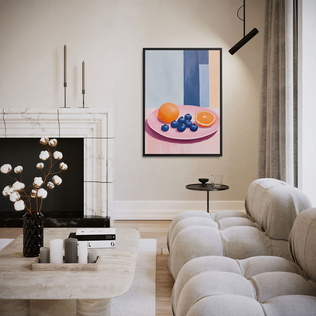 Fruit op roze bord Kunstwerk
