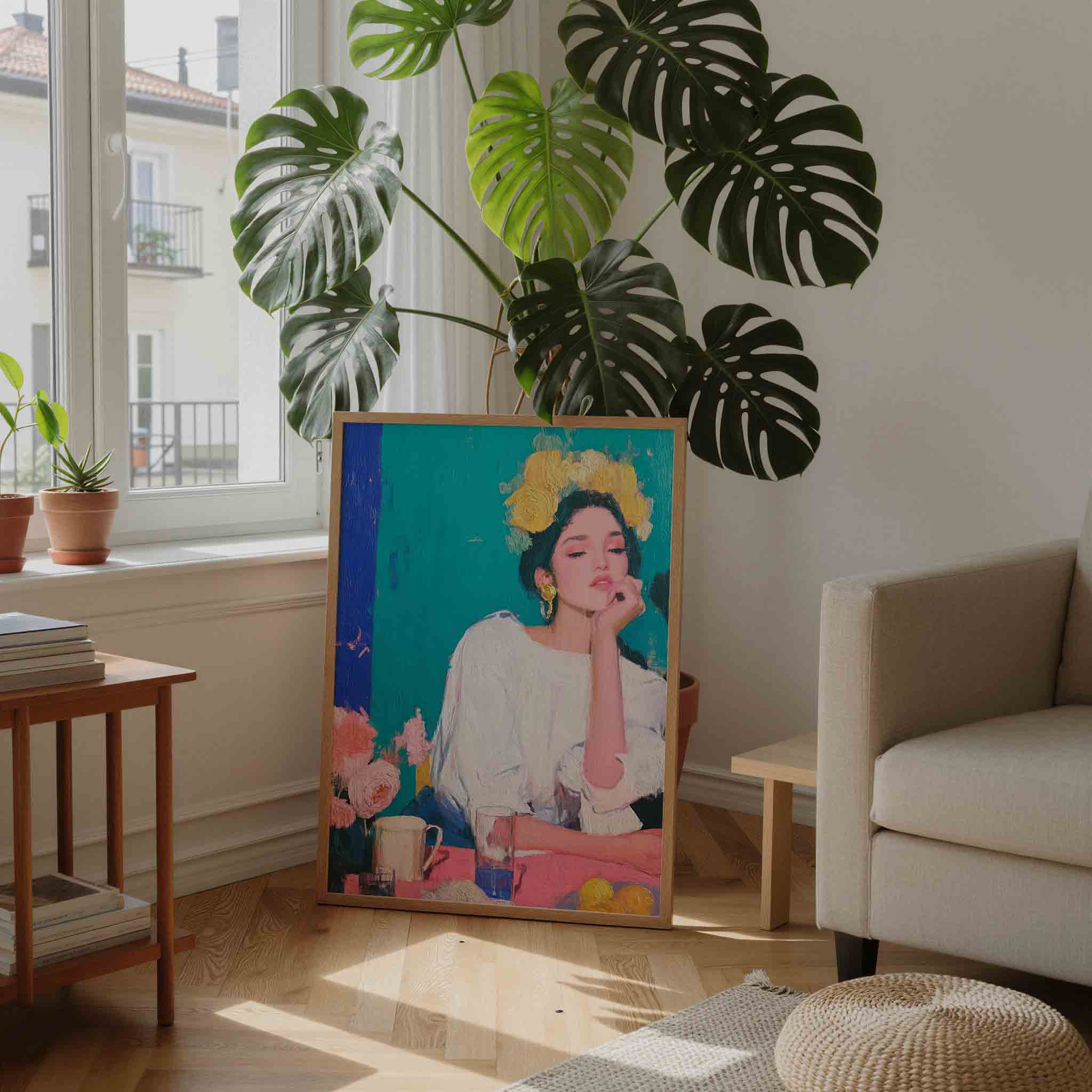 Vrouw met bloemenkrans Poster