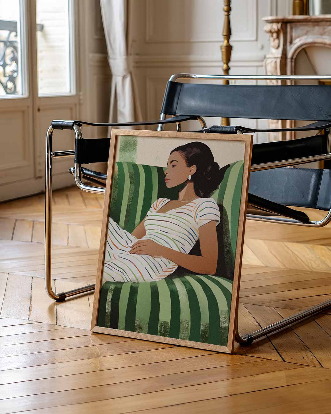 Chique Gestreepte Vrouwelijke Portretposter-WallArtistic
