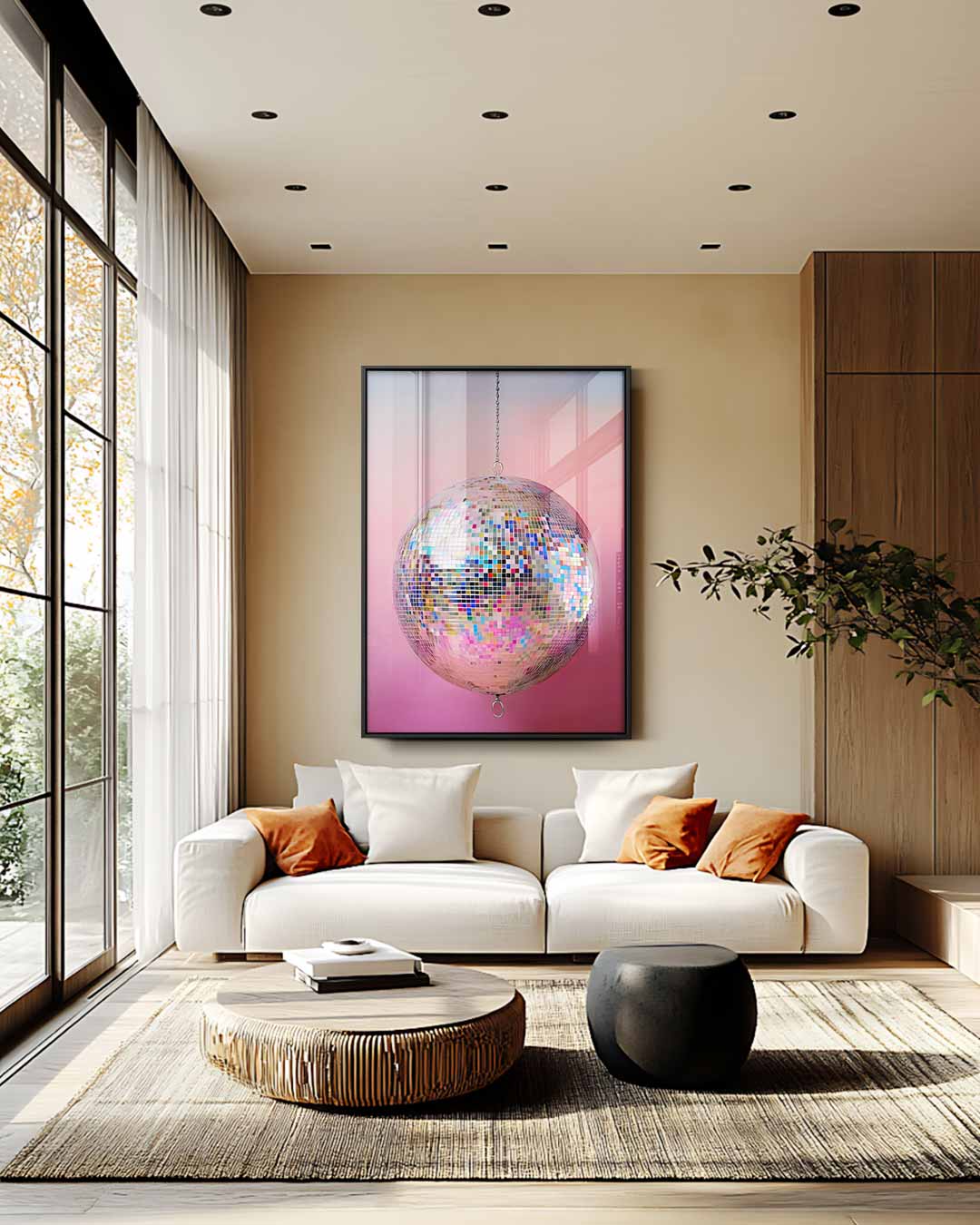 Kleurrijke Discobal op Roze Achtergrond Kunstwerk-canvas-dibond-plexiglas-wanddecoratie-WallArtistic