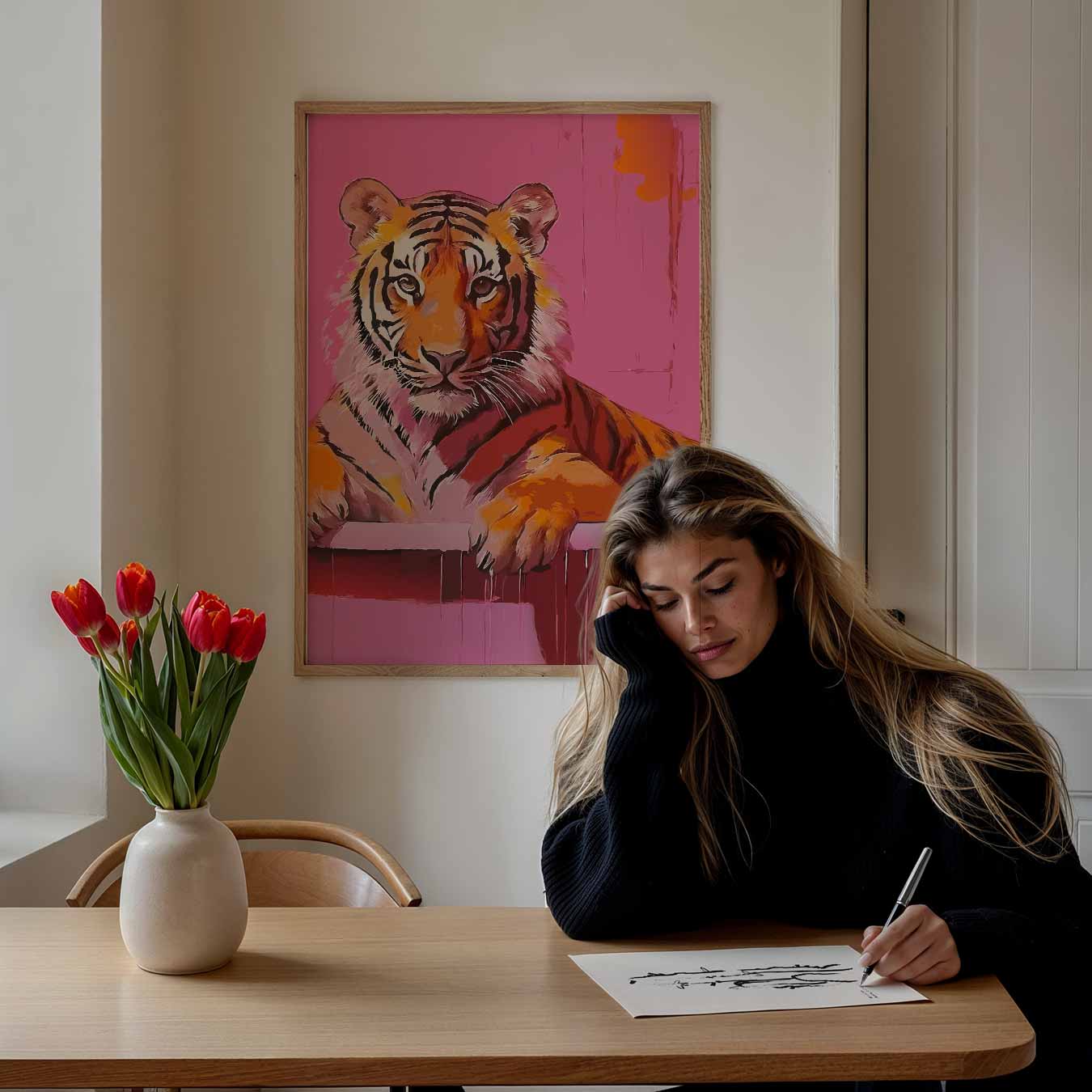 Vrolijke Tijger op Roze Achtergrond Poster-WallArtistic