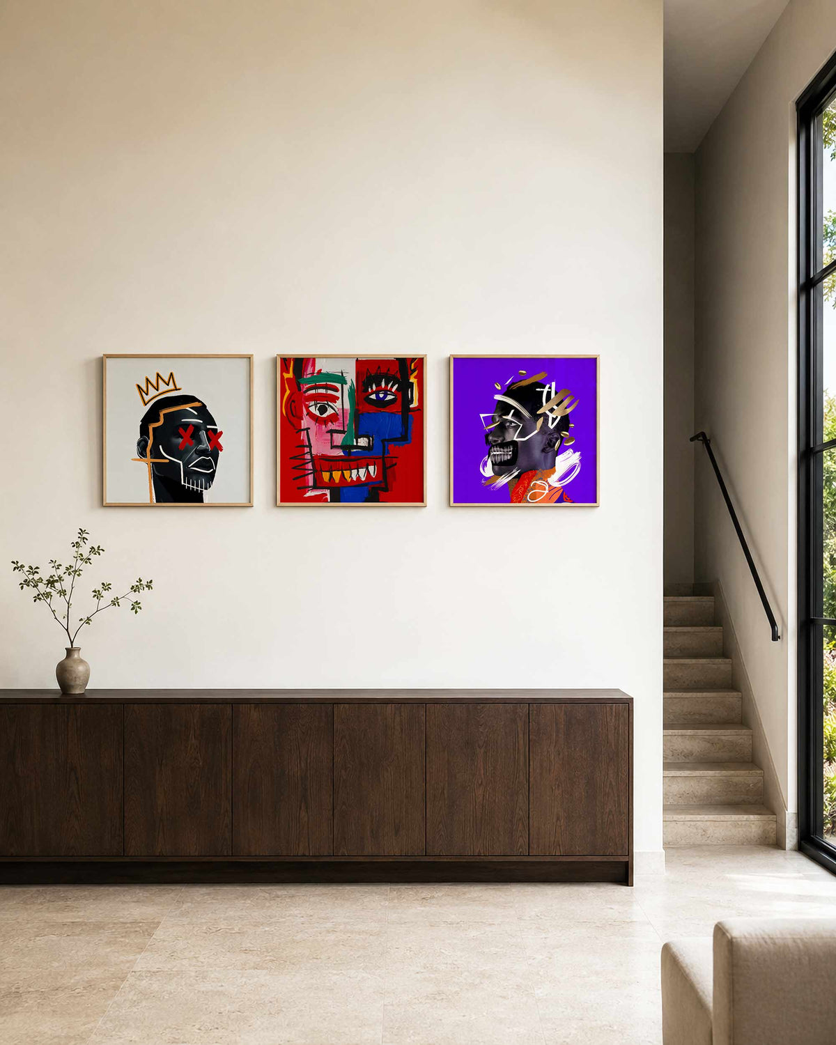 Interieurpresentatie van een driedelige vierkante posterset met expressieve gezichten