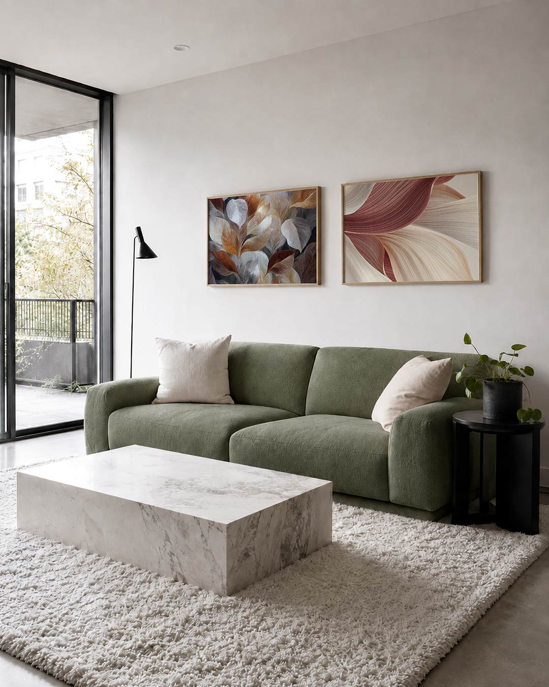 Tweedelige posterset met bladeren in warme tinten, getoond in een interieur