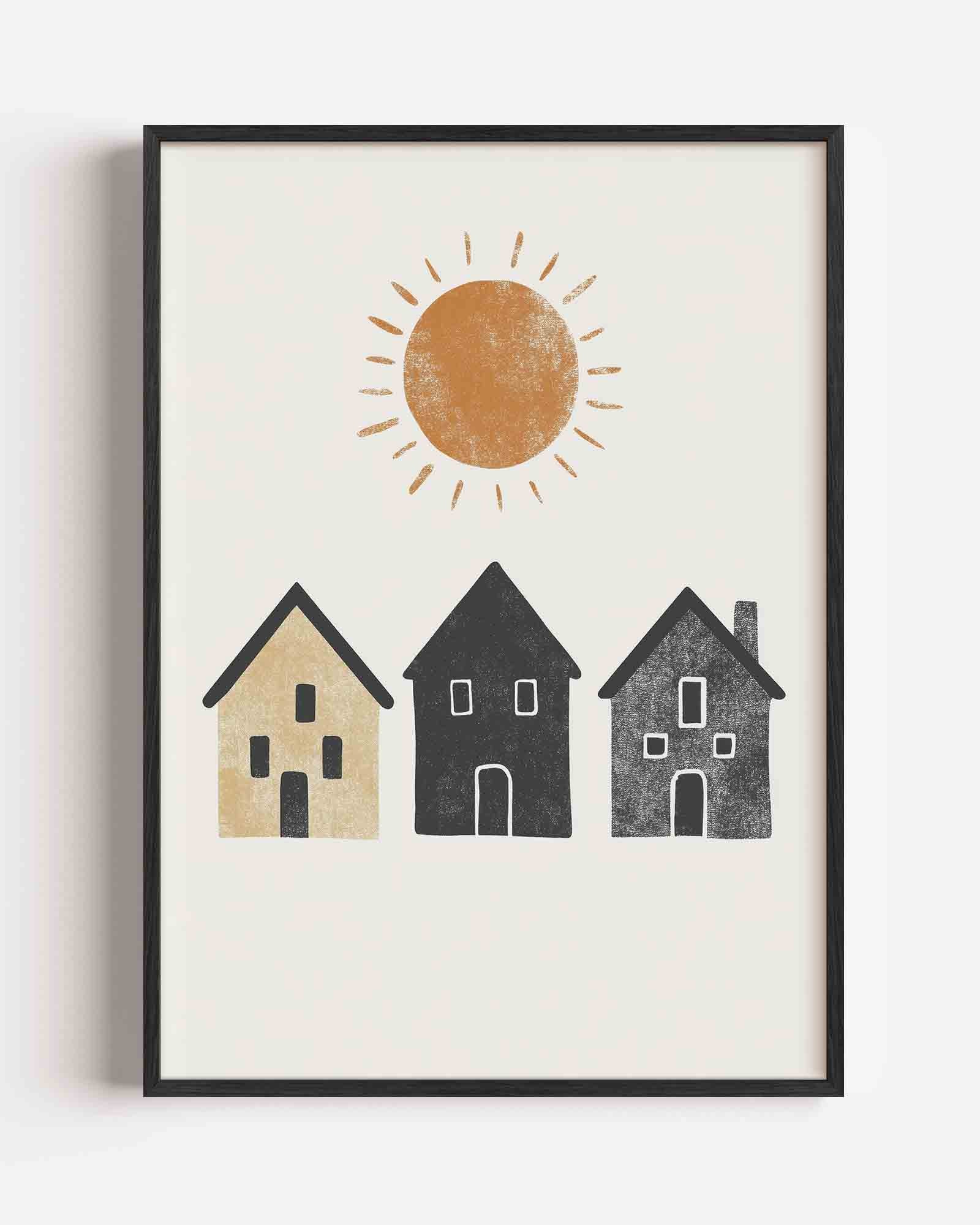Drie huizen en zon Poster