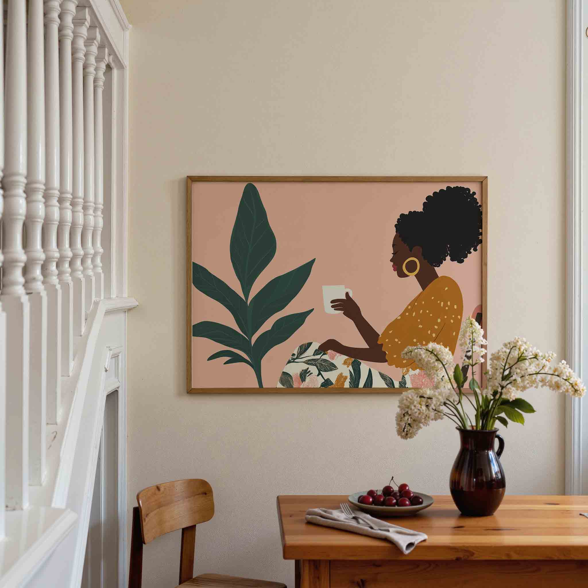 Vrouw met kopje en plant Poster