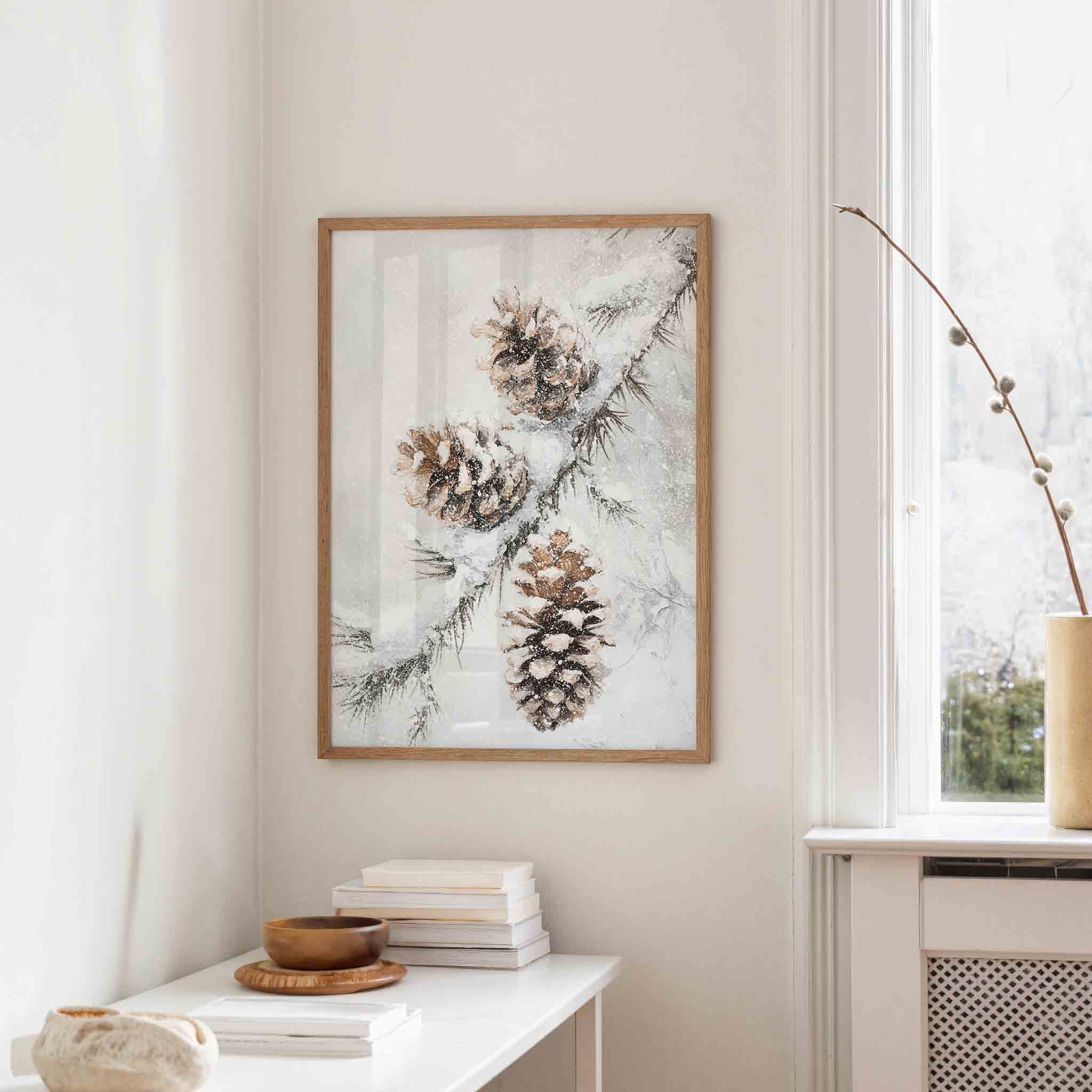 Dennenappels in sneeuw Poster
