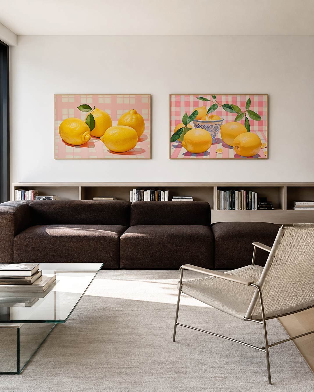 Tweedelige posterset met vier gele citroenen, groene bladeren en een zachtroze ruitpatroon, getoond in een interieur
