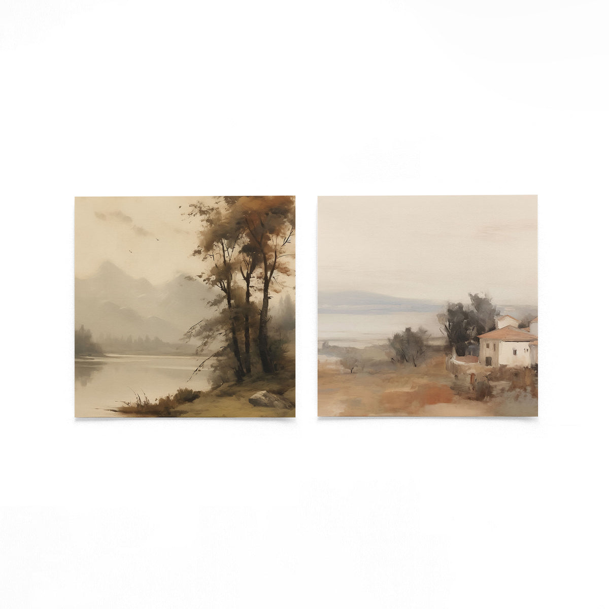 Twee vierkante posters met bergmeer en kustdorp op een gebroken witte achtergrond