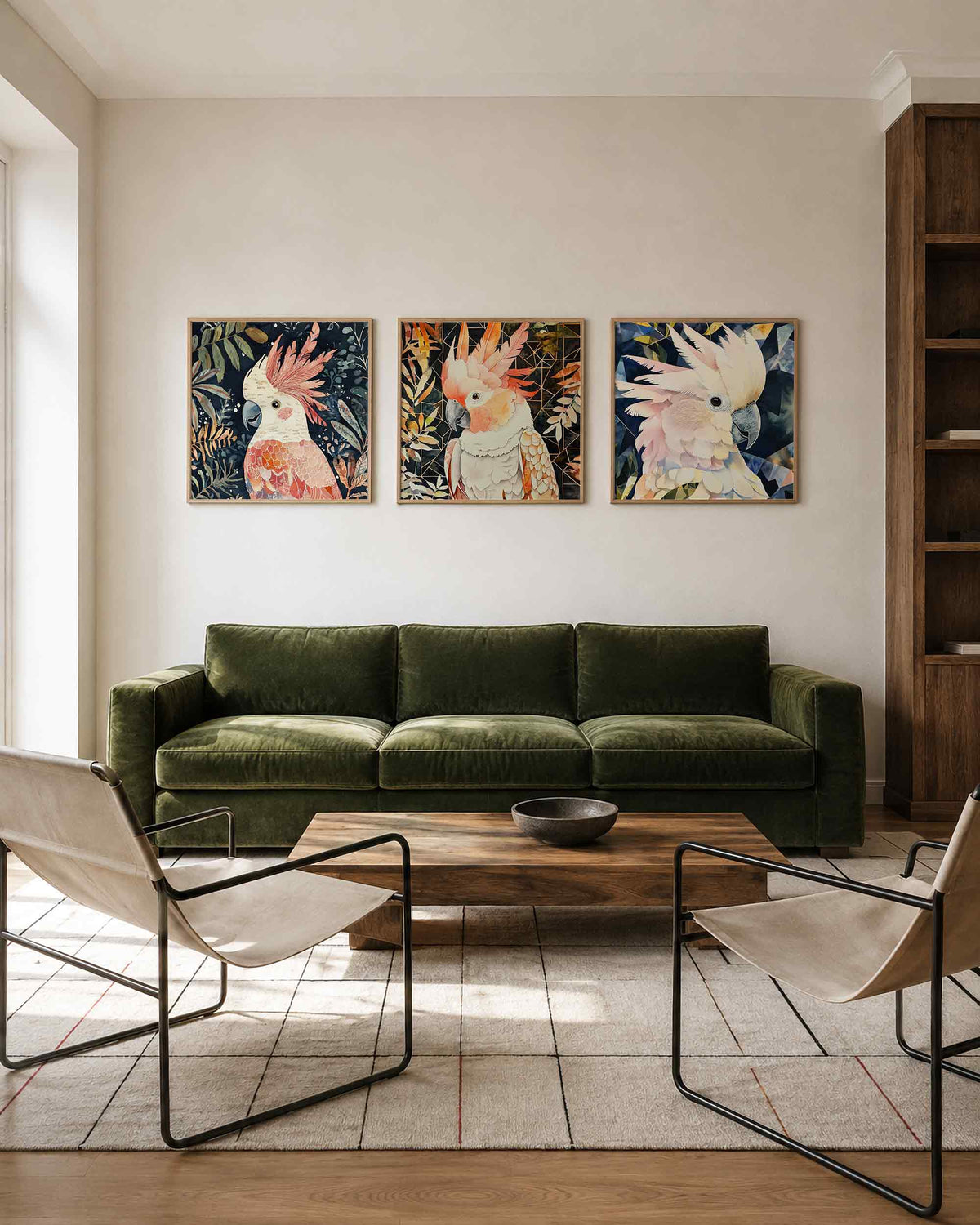 Interieurpresentatie van een driedelige vierkante posterset met kaketoes in botanische achtergrond
