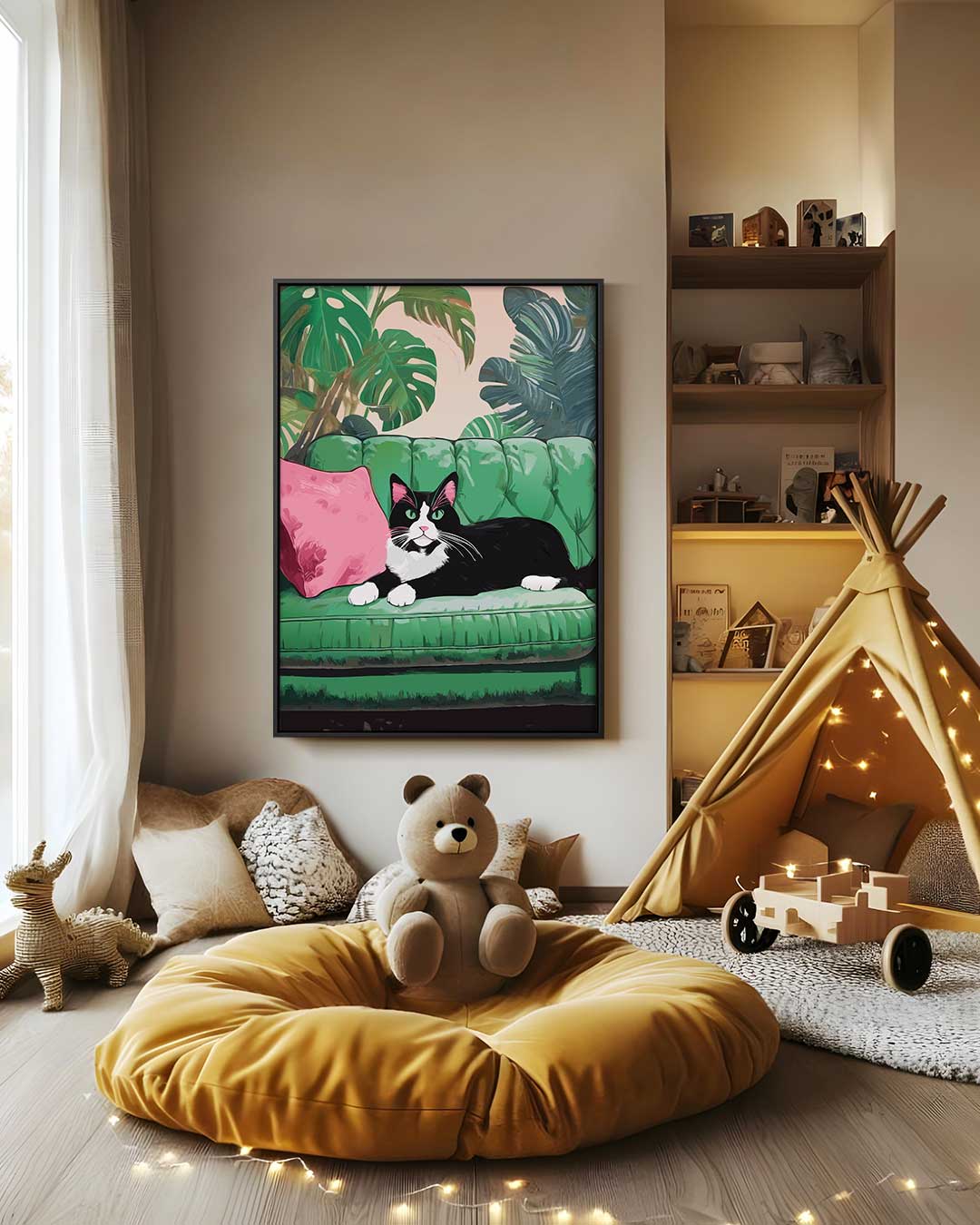 Kunstwerk: Katze auf grüner Bank