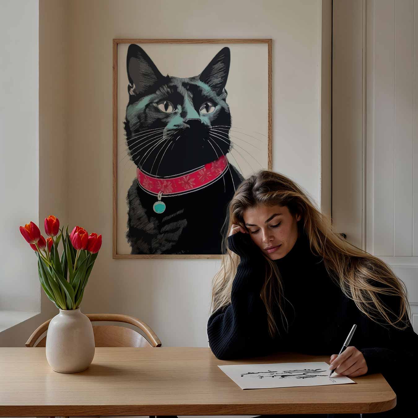 Stijlvolle Kattenposter met Rode Halsband Poster-WallArtistic