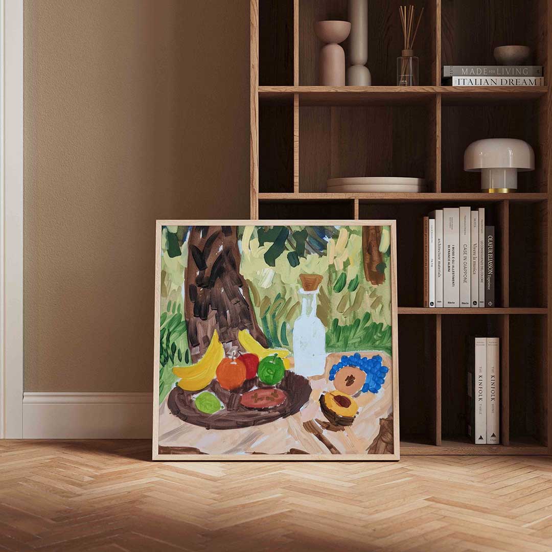 Fruit en fles op tafel Poster