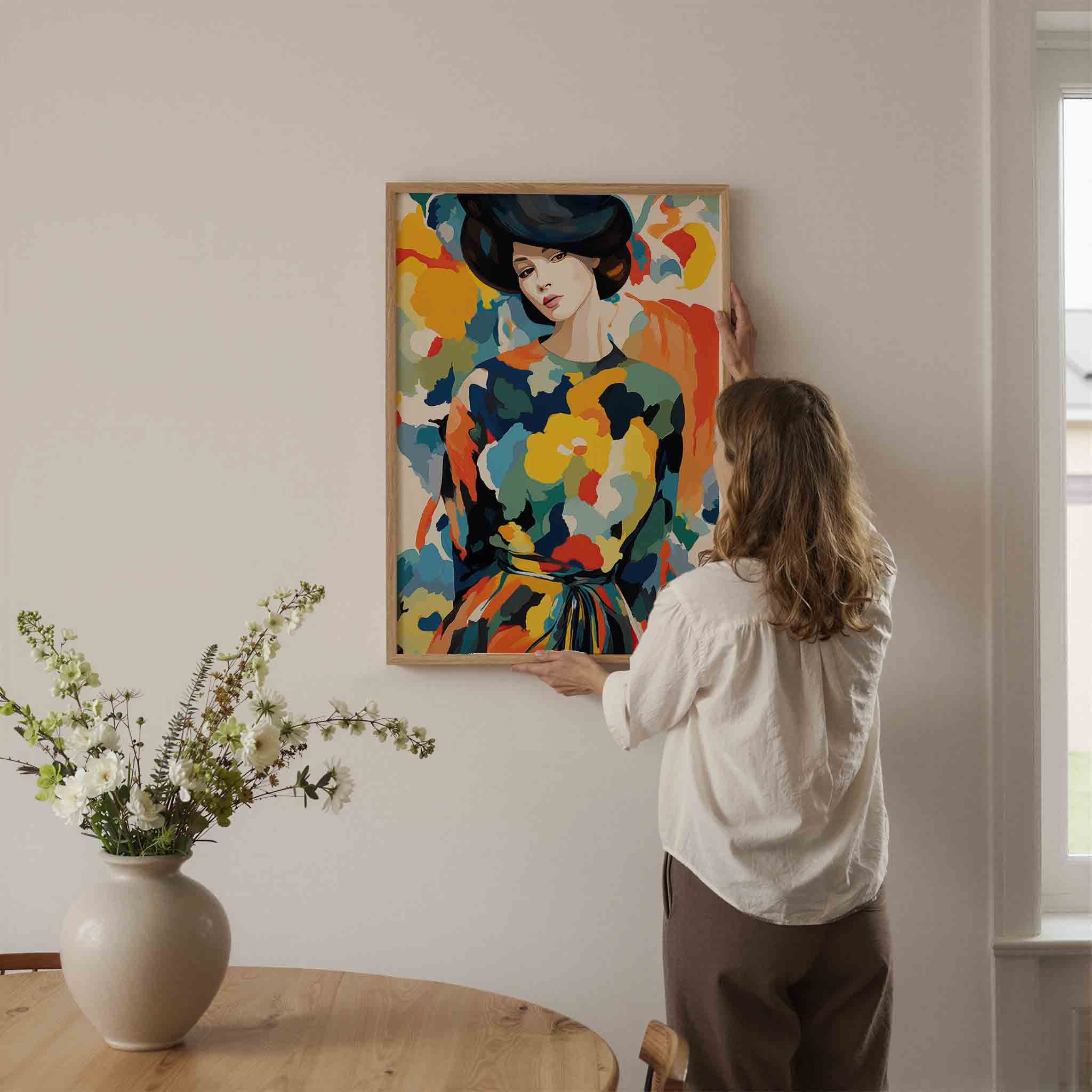 Vrouw met kleurrijke achtergrond Poster