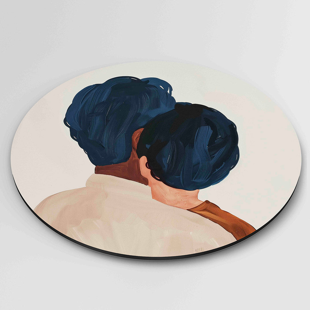 Twee figuren met blauwe kapsels Muurcirkel