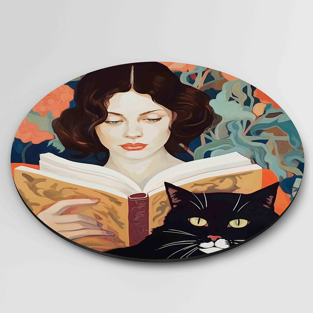 Vrouw met boek en kat Muurcirkel