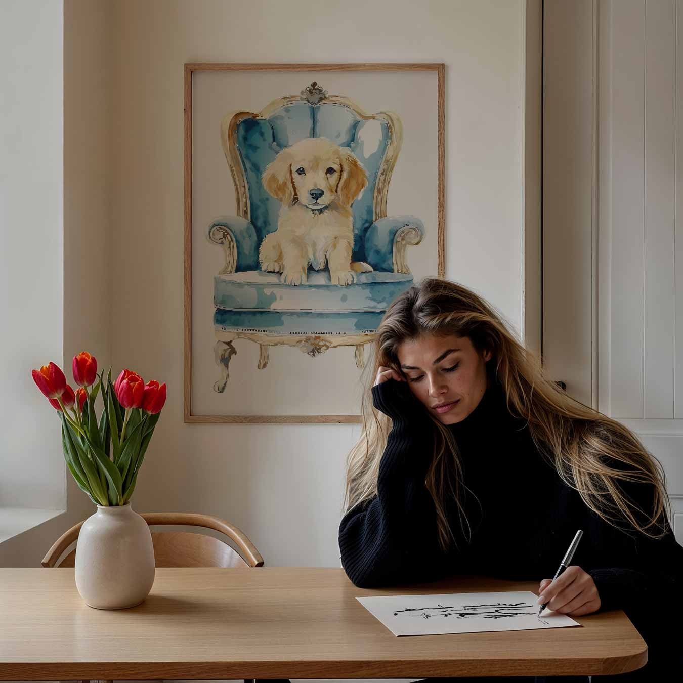 Puppy op Blauwe Troon Poster-WallArtistic