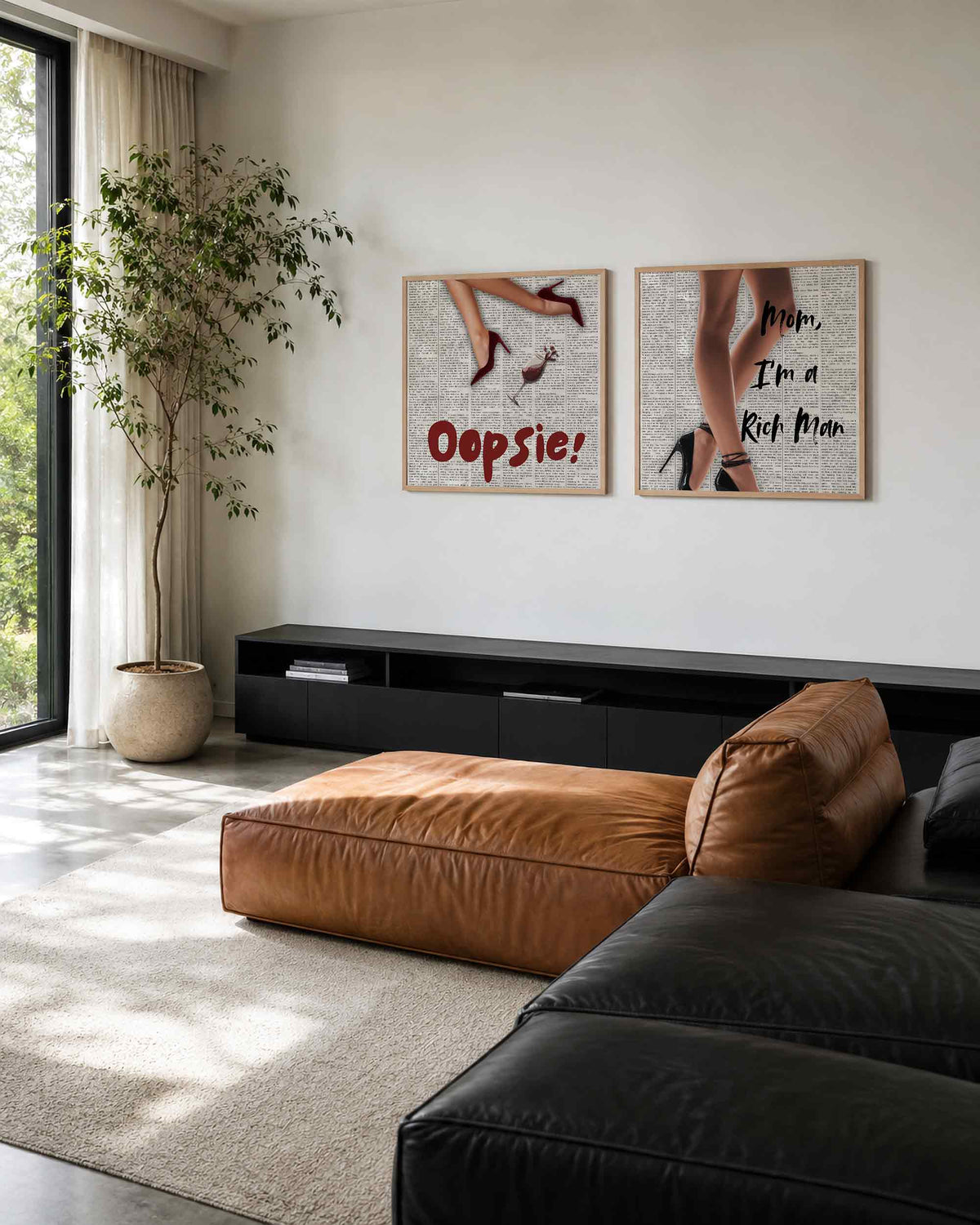 Interieurpresentatie van een tweedelige vierkante posterset met new york mode
