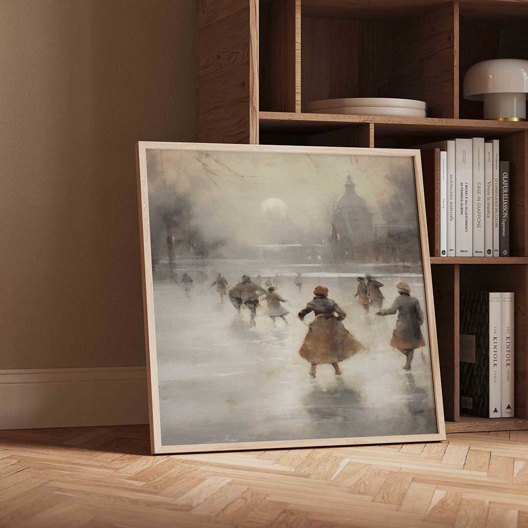 Schaatsers op bevroren meer Poster