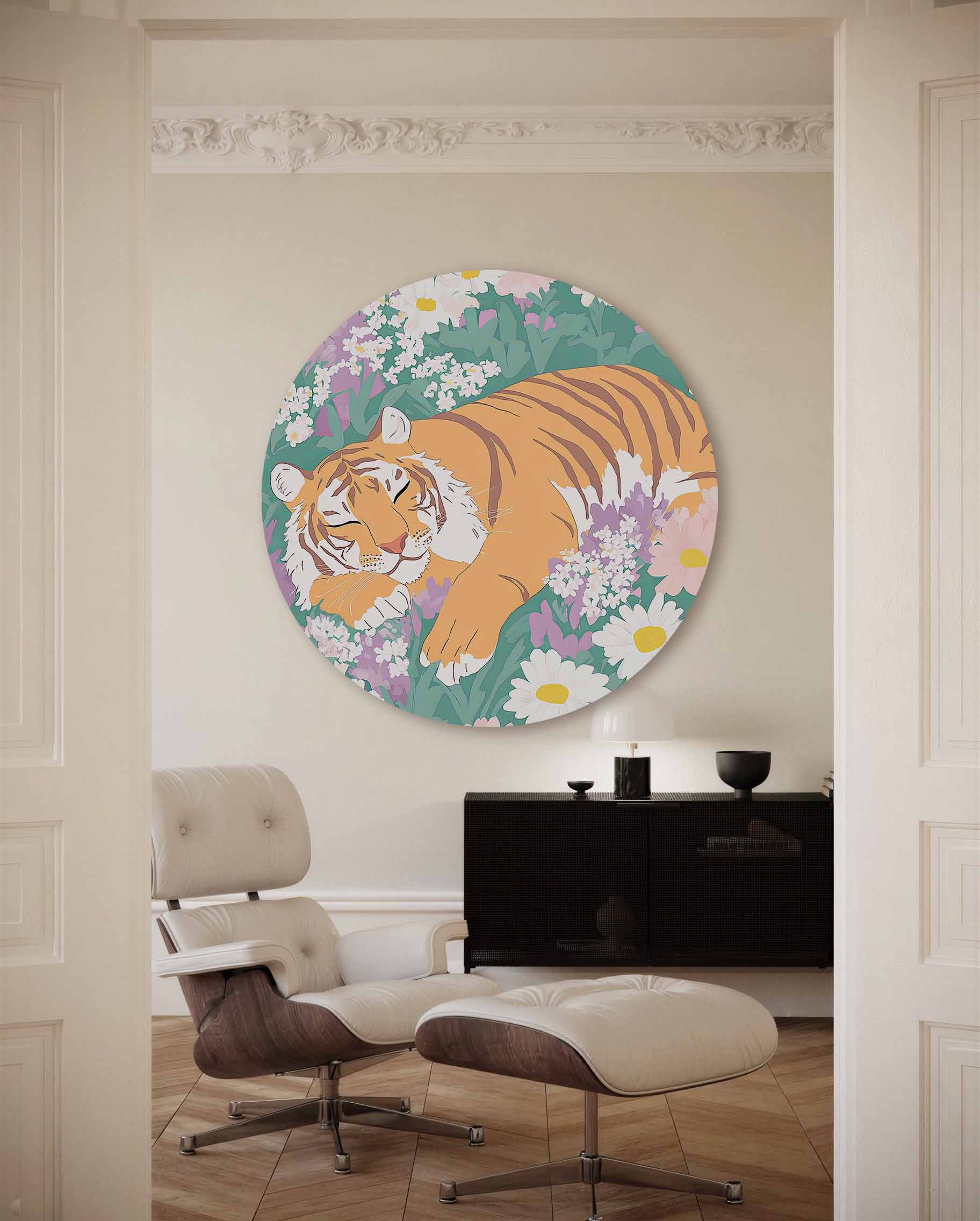 Slapende tijger in bloemen Muurcirkel