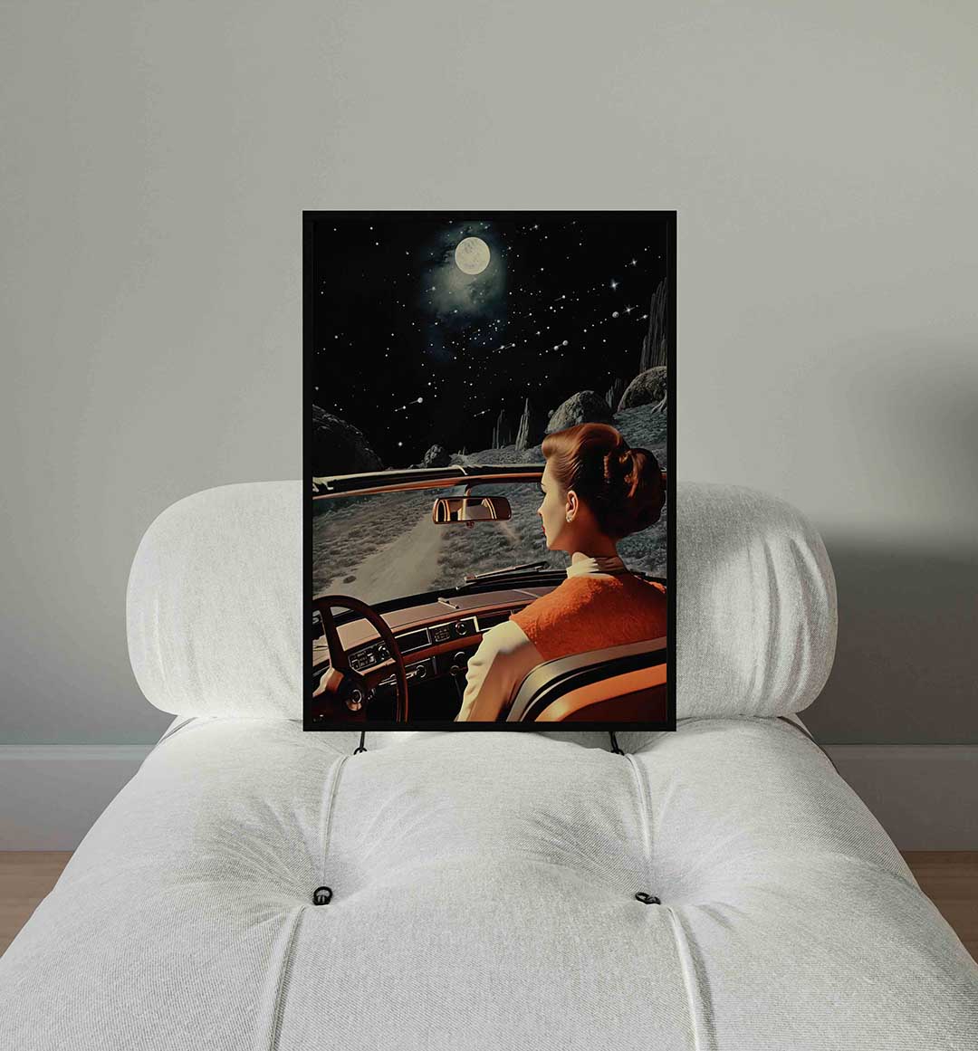 Vrouw in auto onder sterrenhemel Poster
