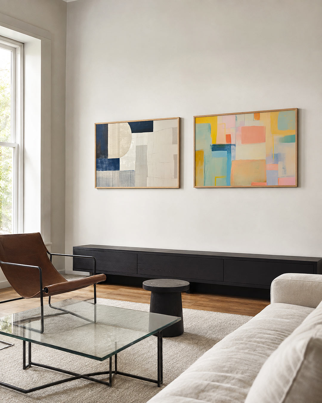 Twee liggende posters met een spel van rechthoeken en halve cirkels in blauw en beige, aan de muur in een interieur