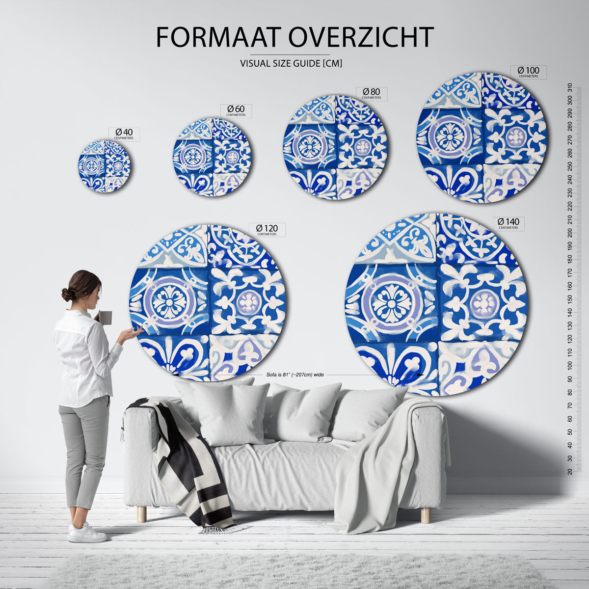Blauw witte tegelpatronen Muurcirkel