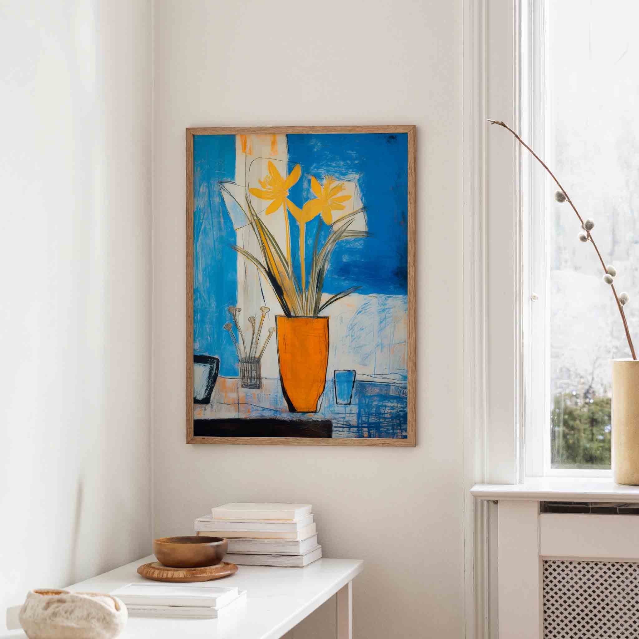 Gele bloemen in oranje vaas Poster