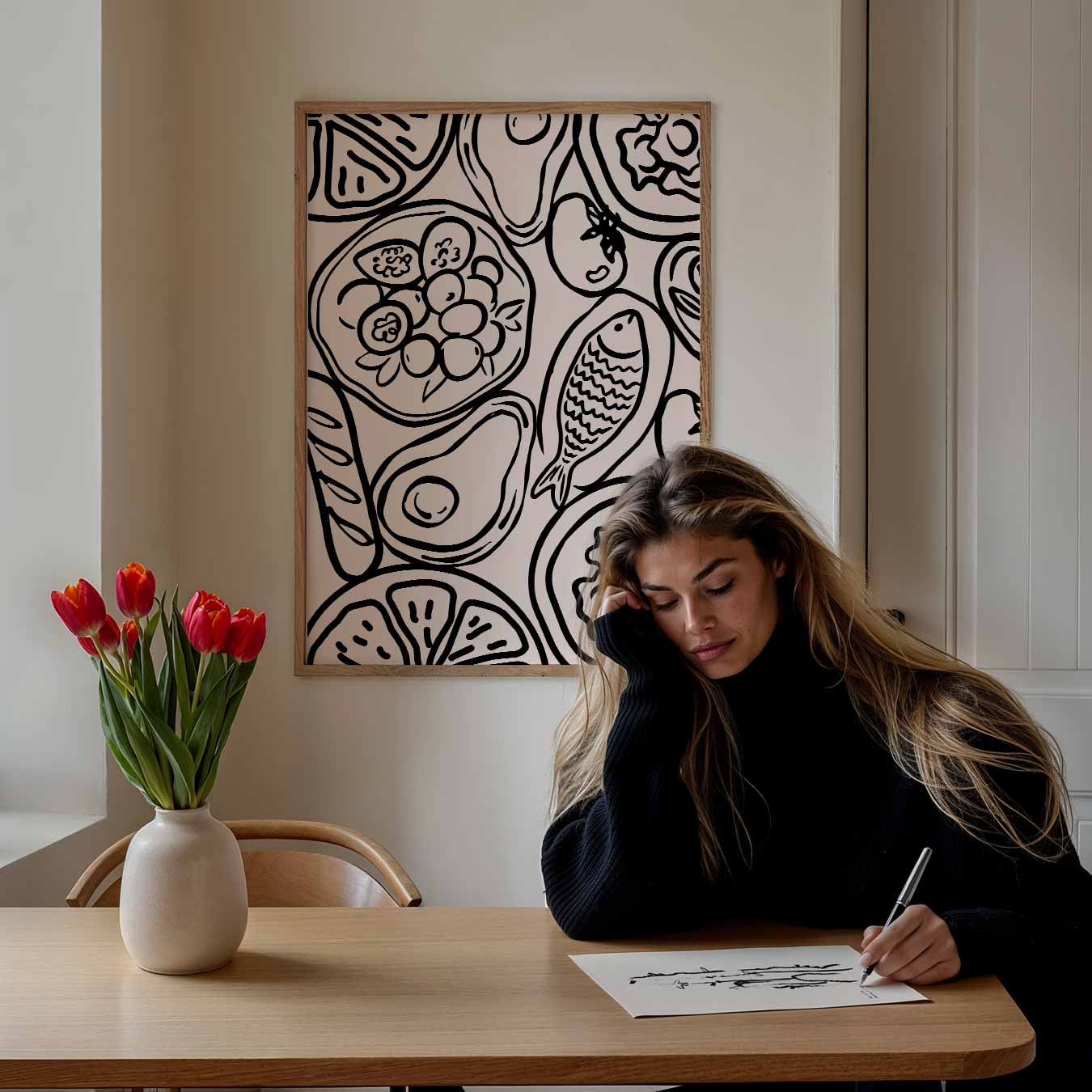 Stijlvolle Zwart-Wit Voedselillustratie Poster-WallArtistic