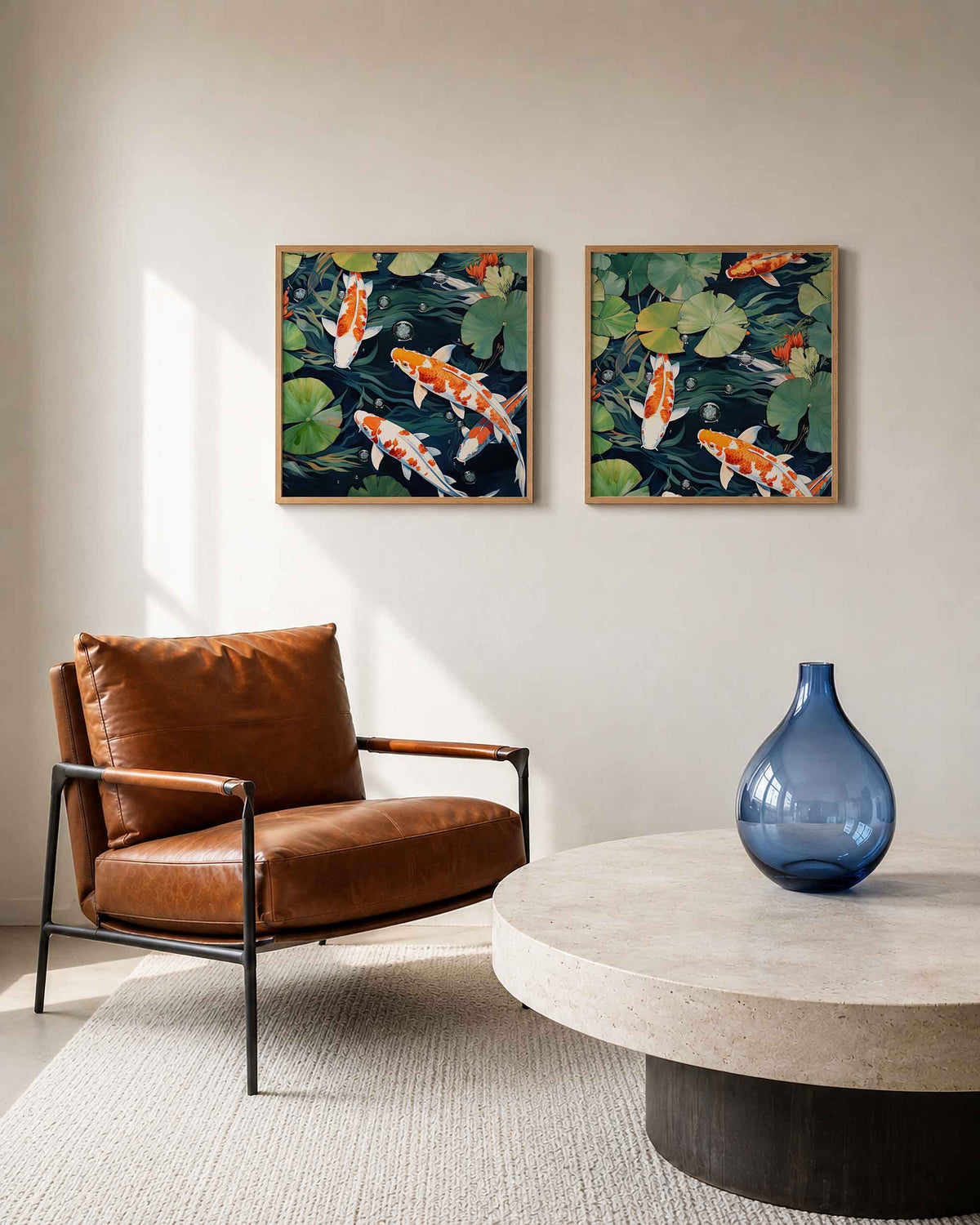 Interieurpresentatie van een tweedelige vierkante posterset met koi en waterlelies