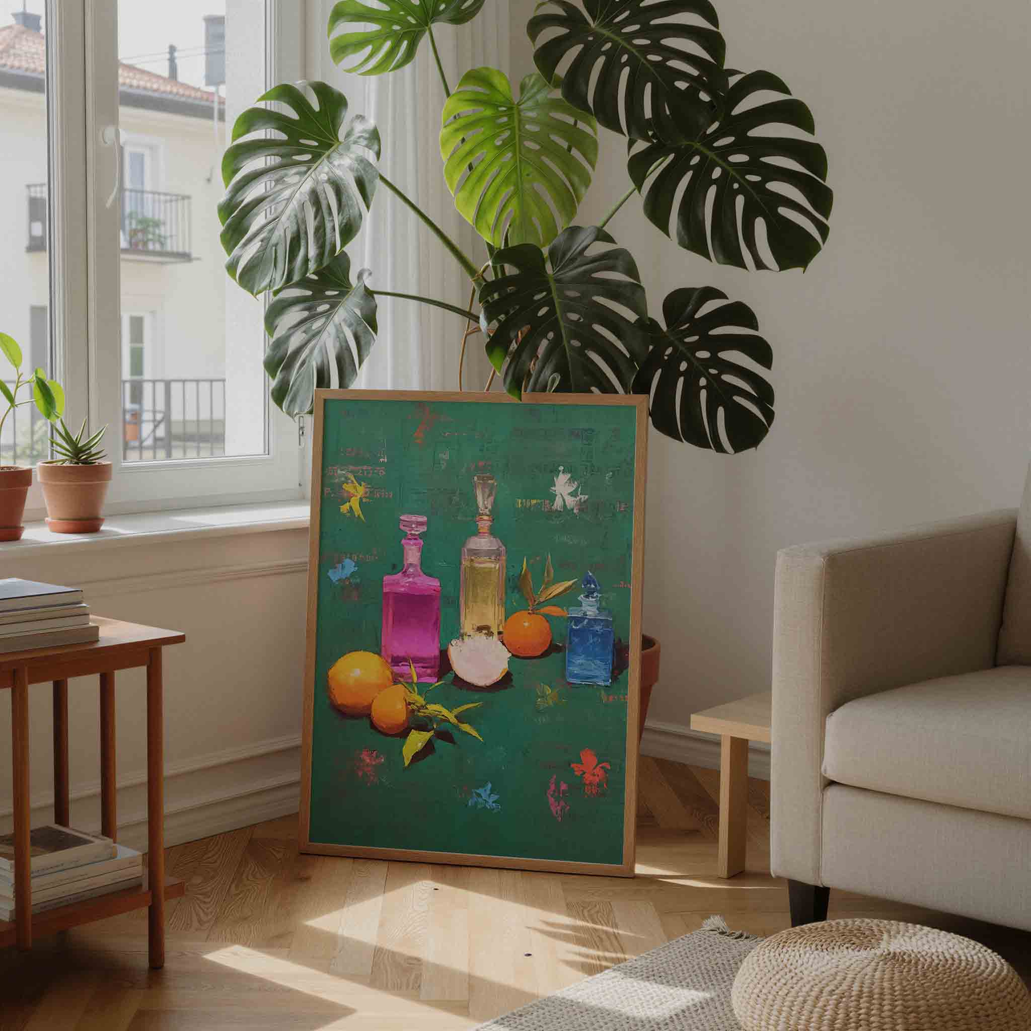 Gekleurd flessen en sinaasappels Poster