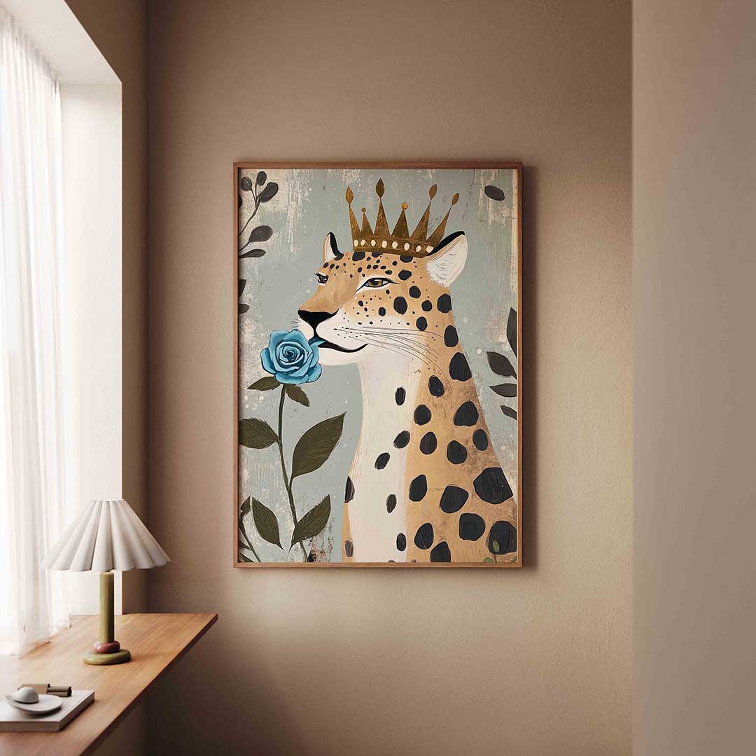 Luipaard met kroon en blauwe roos Poster