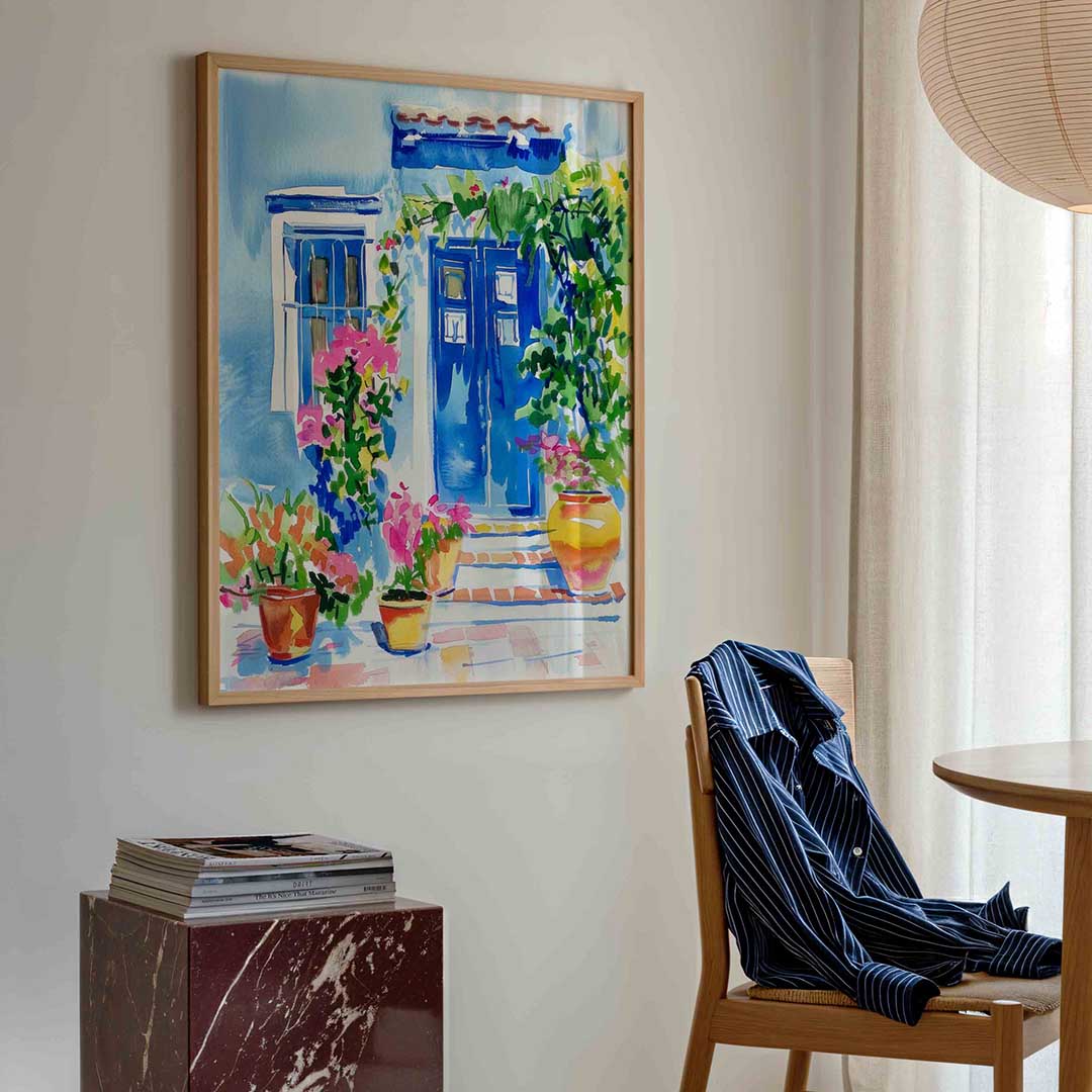 Blauwe deur en bloemen Poster