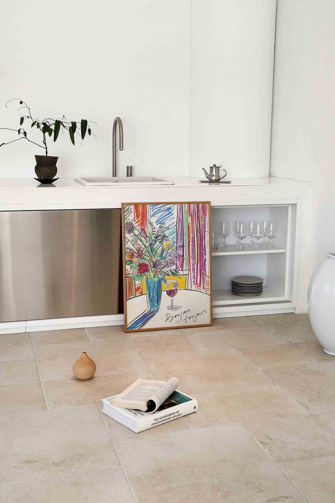 Bloemen in vaas met glas Poster