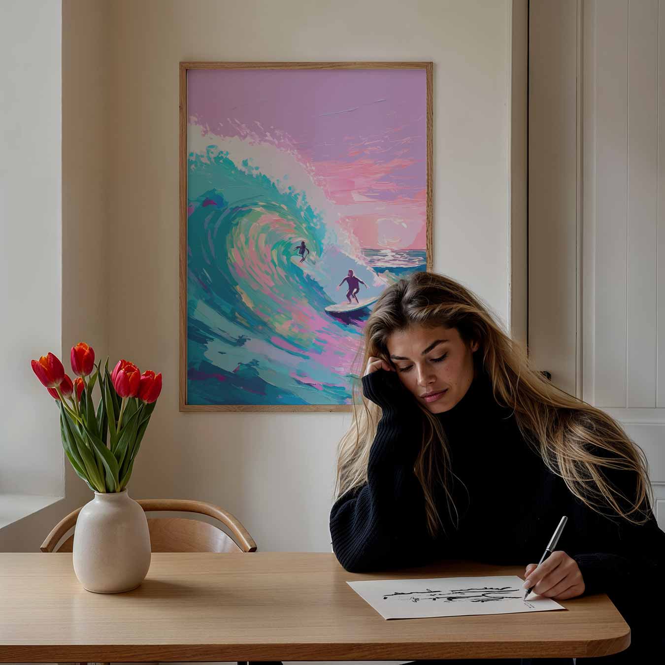 Surf Avontuur in Kleurrijke Golven Poster-WallArtistic